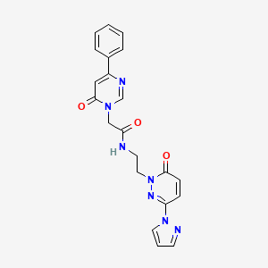 molecular formula C21H19N7O3 B2885354 N-(2-(6-oxo-3-(1H-pyrazol-1-yl)pyridazin-1(6H)-yl)ethyl)-2-(6-oxo-4-phenylpyrimidin-1(6H)-yl)acetamide CAS No. 1396559-98-0