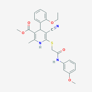 molecular formula C26H27N3O5S B2885424 Methyl 5-cyano-4-(2-ethoxyphenyl)-6-((2-((3-methoxyphenyl)amino)-2-oxoethyl)thio)-2-methyl-1,4-dihydropyridine-3-carboxylate CAS No. 442557-90-6