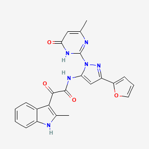 molecular formula C23H18N6O4 B2885481 N-(3-(Furan-2-yl)-1-(4-methyl-6-oxo-1,6-dihydropyrimidin-2-yl)-1H-pyrazol-5-yl)-2-(2-methyl-1H-indol-3-yl)-2-oxoacetamide CAS No. 1207015-76-6