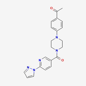 molecular formula C21H21N5O2 B2885698 1-(4-(4-(6-(1H-pyrazol-1-yl)nicotinoyl)piperazin-1-yl)phenyl)ethanone CAS No. 1251631-58-9