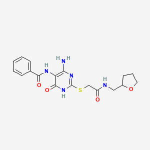 molecular formula C18H21N5O4S B2885753 N-(4-amino-6-oxo-2-((2-oxo-2-(((tetrahydrofuran-2-yl)methyl)amino)ethyl)thio)-1,6-dihydropyrimidin-5-yl)benzamide CAS No. 888414-14-0