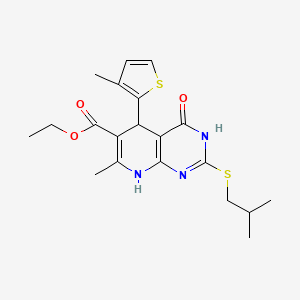 molecular formula C20H25N3O3S2 B2885821 Ethyl 2-(isobutylthio)-7-methyl-5-(3-methylthiophen-2-yl)-4-oxo-3,4,5,8-tetrahydropyrido[2,3-d]pyrimidine-6-carboxylate CAS No. 878624-83-0
