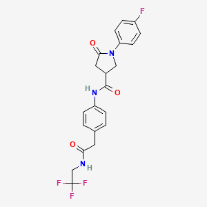 molecular formula C21H19F4N3O3 B2886352 1-(4-fluorophenyl)-5-oxo-N-(4-(2-oxo-2-((2,2,2-trifluoroethyl)amino)ethyl)phenyl)pyrrolidine-3-carboxamide CAS No. 1234996-82-7