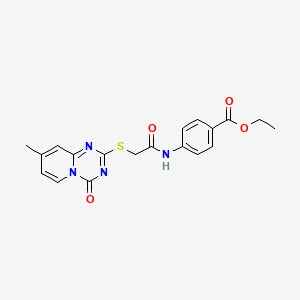 molecular formula C19H18N4O4S B2886406 ethyl 4-[2-({8-methyl-4-oxo-4H-pyrido[1,2-a][1,3,5]triazin-2-yl}sulfanyl)acetamido]benzoate CAS No. 896330-95-3