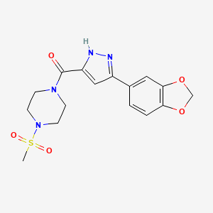 molecular formula C16H18N4O5S B2886529 (5-(benzo[d][1,3]dioxol-5-yl)-1H-pyrazol-3-yl)(4-(methylsulfonyl)piperazin-1-yl)methanone CAS No. 1305259-68-0