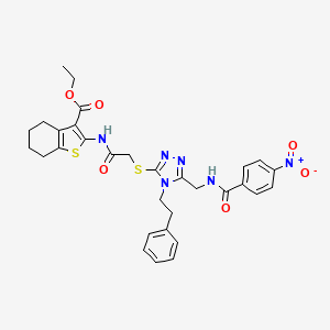 molecular formula C31H32N6O6S2 B2886752 ethyl 2-{2-[(5-{[(4-nitrophenyl)formamido]methyl}-4-(2-phenylethyl)-4H-1,2,4-triazol-3-yl)sulfanyl]acetamido}-4,5,6,7-tetrahydro-1-benzothiophene-3-carboxylate CAS No. 393813-98-4