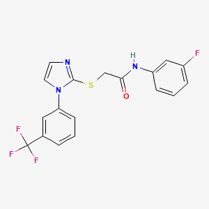 molecular formula C18H13F4N3OS B2886849 N-(3-fluorophenyl)-2-({1-[3-(trifluoromethyl)phenyl]-1H-imidazol-2-yl}sulfanyl)acetamide CAS No. 893390-95-9