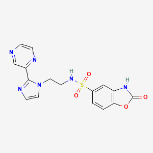 molecular formula C16H14N6O4S B2886868 2-oxo-N-(2-(2-(pyrazin-2-yl)-1H-imidazol-1-yl)ethyl)-2,3-dihydrobenzo[d]oxazole-5-sulfonamide CAS No. 2034501-55-6
