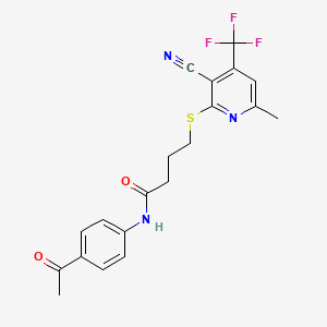 molecular formula C20H18F3N3O2S B2886873 N-(4-acetylphenyl)-4-{[3-cyano-6-methyl-4-(trifluoromethyl)pyridin-2-yl]sulfanyl}butanamide CAS No. 905784-88-5