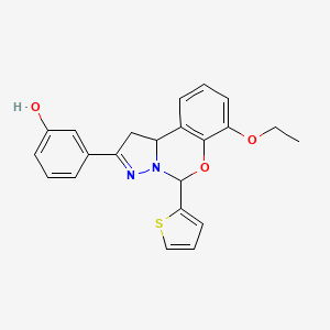 molecular formula C22H20N2O3S B2886991 3-(7-ethoxy-5-(thiophen-2-yl)-5,10b-dihydro-1H-benzo[e]pyrazolo[1,5-c][1,3]oxazin-2-yl)phenol CAS No. 900003-83-0