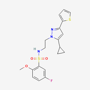 molecular formula C19H20FN3O3S2 B2887093 N-(2-(5-cyclopropyl-3-(thiophen-2-yl)-1H-pyrazol-1-yl)ethyl)-5-fluoro-2-methoxybenzenesulfonamide CAS No. 1797624-60-2
