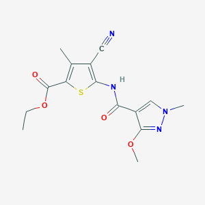 molecular formula C15H16N4O4S B2887259 ethyl 4-cyano-5-(3-methoxy-1-methyl-1H-pyrazole-4-carboxamido)-3-methylthiophene-2-carboxylate CAS No. 1170033-03-0