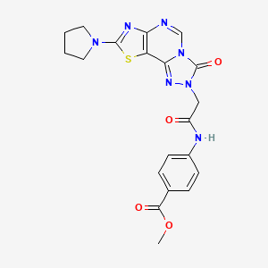 molecular formula C20H19N7O4S B2887452 methyl 4-{2-[5-oxo-11-(pyrrolidin-1-yl)-12-thia-3,4,6,8,10-pentaazatricyclo[7.3.0.0^{2,6}]dodeca-1(9),2,7,10-tetraen-4-yl]acetamido}benzoate CAS No. 1115960-21-8