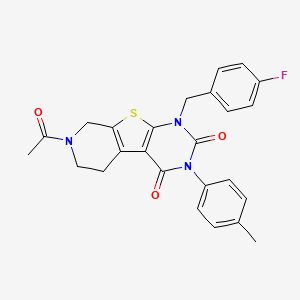 molecular formula C25H22FN3O3S B2887587 11-Acetyl-6-[(4-fluorophenyl)methyl]-4-(4-methylphenyl)-8-thia-4,6,11-triazatricyclo[7.4.0.0^{2,7}]trideca-1(9),2(7)-diene-3,5-dione CAS No. 902907-52-2