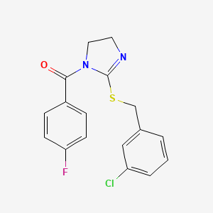molecular formula C17H14ClFN2OS B2887631 [2-[(3-Chlorophenyl)methylsulfanyl]-4,5-dihydroimidazol-1-yl]-(4-fluorophenyl)methanone CAS No. 851808-23-6