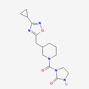 molecular formula C15H21N5O3 B2887642 1-(3-((3-Cyclopropyl-1,2,4-oxadiazol-5-yl)methyl)piperidine-1-carbonyl)imidazolidin-2-one CAS No. 1705765-30-5