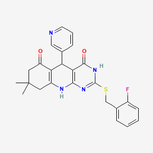 molecular formula C25H23FN4O2S B2887677 2-((2-fluorobenzyl)thio)-8,8-dimethyl-5-(pyridin-3-yl)-7,8,9,10-tetrahydropyrimido[4,5-b]quinoline-4,6(3H,5H)-dione CAS No. 537045-14-0