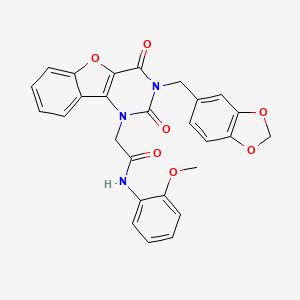 molecular formula C27H21N3O7 B2887727 2-(3-(benzo[d][1,3]dioxol-5-ylmethyl)-2,4-dioxo-3,4-dihydrobenzofuro[3,2-d]pyrimidin-1(2H)-yl)-N-(2-methoxyphenyl)acetamide CAS No. 892430-65-8