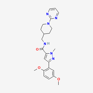 molecular formula C23H28N6O3 B2887791 3-(2,5-dimethoxyphenyl)-1-methyl-N-((1-(pyrimidin-2-yl)piperidin-4-yl)methyl)-1H-pyrazole-5-carboxamide CAS No. 1396859-67-8