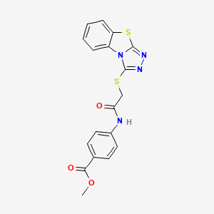 molecular formula C18H14N4O3S2 B2887793 Methyl 4-(2-{7-thia-2,4,5-triazatricyclo[6.4.0.0^{2,6}]dodeca-1(8),3,5,9,11-pentaen-3-ylsulfanyl}acetamido)benzoate CAS No. 302552-83-6