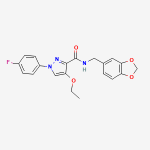 molecular formula C20H18FN3O4 B2887826 N-(benzo[d][1,3]dioxol-5-ylmethyl)-4-ethoxy-1-(4-fluorophenyl)-1H-pyrazole-3-carboxamide CAS No. 1189987-73-2