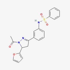 molecular formula C21H19N3O4S B2887871 N-{3-[1-acetyl-5-(furan-2-yl)-4,5-dihydro-1H-pyrazol-3-yl]phenyl}benzenesulfonamide CAS No. 710987-32-9