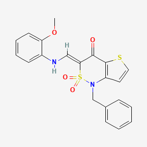 molecular formula C21H18N2O4S2 B2888175 (3Z)-1-benzyl-3-{[(2-methoxyphenyl)amino]methylene}-1H-thieno[3,2-c][1,2]thiazin-4(3H)-one 2,2-dioxide CAS No. 894668-93-0