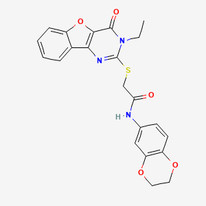 molecular formula C22H19N3O5S B2888240 N-(2,3-dihydro-1,4-benzodioxin-6-yl)-2-({5-ethyl-6-oxo-8-oxa-3,5-diazatricyclo[7.4.0.0^{2,7}]trideca-1(9),2(7),3,10,12-pentaen-4-yl}sulfanyl)acetamide CAS No. 923235-05-6