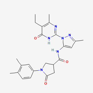 1-(3,4-dimethylphenyl)-N-(1-(5-ethyl-4-methyl-6-oxo-1,6-dihydropyrimidin-2-yl)-3-methyl-1H-pyrazol-5-yl)-5-oxopyrrolidine-3-carboxamide