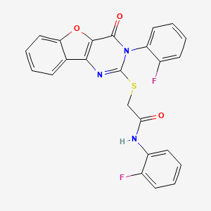molecular formula C24H15F2N3O3S B2888313 N-(2-fluorophenyl)-2-{[5-(2-fluorophenyl)-6-oxo-8-oxa-3,5-diazatricyclo[7.4.0.0^{2,7}]trideca-1(9),2(7),3,10,12-pentaen-4-yl]sulfanyl}acetamide CAS No. 872207-83-5
