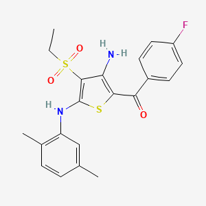molecular formula C21H21FN2O3S2 B2888913 (3-Amino-5-((2,5-dimethylphenyl)amino)-4-(ethylsulfonyl)thiophen-2-yl)(4-fluorophenyl)methanone CAS No. 890792-16-2