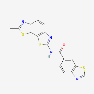 molecular formula C17H10N4OS3 B2888994 N-{11-methyl-3,12-dithia-5,10-diazatricyclo[7.3.0.0^{2,6}]dodeca-1(9),2(6),4,7,10-pentaen-4-yl}-1,3-benzothiazole-6-carboxamide CAS No. 681167-37-3