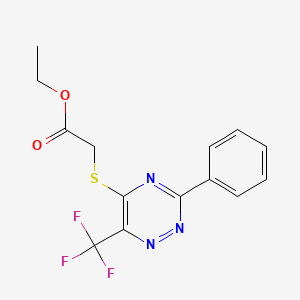 molecular formula C14H12F3N3O2S B2889174 Ethyl 2-{[3-phenyl-6-(trifluoromethyl)-1,2,4-triazin-5-yl]sulfanyl}acetate CAS No. 383148-42-3