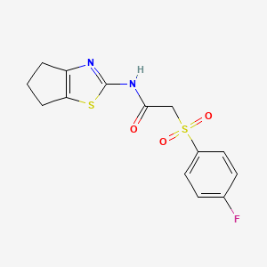 molecular formula C14H13FN2O3S2 B2889193 N-(5,6-dihydro-4H-cyclopenta[d]thiazol-2-yl)-2-((4-fluorophenyl)sulfonyl)acetamide CAS No. 895474-58-5