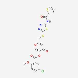 molecular formula C21H14ClN3O6S3 B2889262 4-oxo-6-(((5-(thiophene-2-carboxamido)-1,3,4-thiadiazol-2-yl)thio)methyl)-4H-pyran-3-yl 5-chloro-2-methoxybenzoate CAS No. 877643-27-1