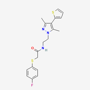 molecular formula C19H20FN3OS2 B2889376 N-(2-(3,5-dimethyl-4-(thiophen-2-yl)-1H-pyrazol-1-yl)ethyl)-2-((4-fluorophenyl)thio)acetamide CAS No. 2034553-87-0