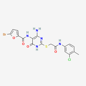 molecular formula C18H15BrClN5O4S B2889870 N-(4-amino-2-((2-((3-chloro-4-methylphenyl)amino)-2-oxoethyl)thio)-6-oxo-1,6-dihydropyrimidin-5-yl)-5-bromofuran-2-carboxamide CAS No. 888434-44-4