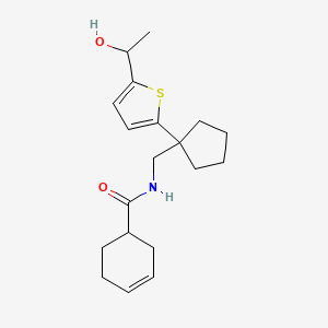 molecular formula C19H27NO2S B2889988 N-((1-(5-(1-hydroxyethyl)thiophen-2-yl)cyclopentyl)methyl)cyclohex-3-enecarboxamide CAS No. 2034343-57-0
