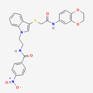 molecular formula C27H24N4O6S B2889995 N-{2-[3-({[(2,3-dihydro-1,4-benzodioxin-6-yl)carbamoyl]methyl}sulfanyl)-1H-indol-1-yl]ethyl}-4-nitrobenzamide CAS No. 532973-68-5
