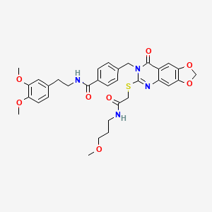 molecular formula C33H36N4O8S B2890277 N-[2-(3,4-dimethoxyphenyl)ethyl]-4-{[6-({[(3-methoxypropyl)carbamoyl]methyl}sulfanyl)-8-oxo-2H,7H,8H-[1,3]dioxolo[4,5-g]quinazolin-7-yl]methyl}benzamide CAS No. 688062-34-2