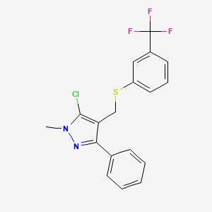 molecular formula C18H14ClF3N2S B2890406 5-Chloro-1-methyl-3-phenyl-4-[[3-(trifluoromethyl)phenyl]sulfanylmethyl]pyrazole CAS No. 318234-16-1