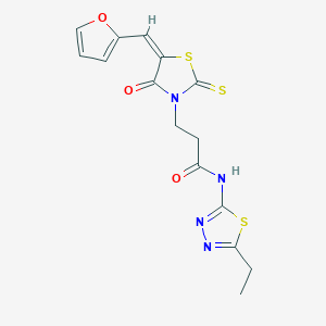 molecular formula C15H14N4O3S3 B2890466 (E)-N-(5-ethyl-1,3,4-thiadiazol-2-yl)-3-(5-(furan-2-ylmethylene)-4-oxo-2-thioxothiazolidin-3-yl)propanamide CAS No. 682783-96-6