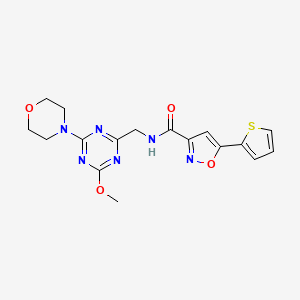 molecular formula C17H18N6O4S B2890937 N-((4-methoxy-6-morpholino-1,3,5-triazin-2-yl)methyl)-5-(thiophen-2-yl)isoxazole-3-carboxamide CAS No. 2034353-77-8