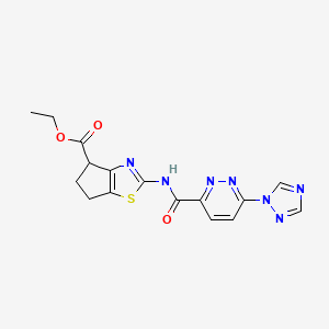 molecular formula C16H15N7O3S B2891038 ethyl 2-(6-(1H-1,2,4-triazol-1-yl)pyridazine-3-carboxamido)-5,6-dihydro-4H-cyclopenta[d]thiazole-4-carboxylate CAS No. 1448124-45-5