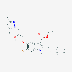 molecular formula C27H30BrN3O4S B289113 ethyl 6-bromo-5-[3-(3,5-dimethyl-1H-pyrazol-1-yl)-2-hydroxypropoxy]-1-methyl-2-[(phenylsulfanyl)methyl]-1H-indole-3-carboxylate 