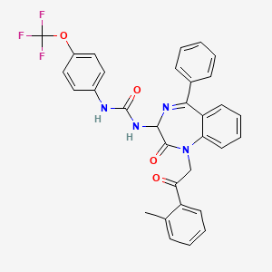 molecular formula C32H25F3N4O4 B2891637 N-(2,5-diaza-2-(2-(2-methylphenyl)-2-oxoethyl)-3-oxo-6-phenylbicyclo[5.4.0]undeca-1(7),5,8,10-tetraen-4-yl)((4-(trifluoromethoxy)phenyl)amino)formamide CAS No. 1796916-47-6