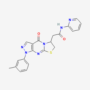 molecular formula C21H18N6O2S B2891742 2-(4-oxo-1-(m-tolyl)-1,4,6,7-tetrahydropyrazolo[3,4-d]thiazolo[3,2-a]pyrimidin-6-yl)-N-(pyridin-2-yl)acetamide CAS No. 952835-03-9