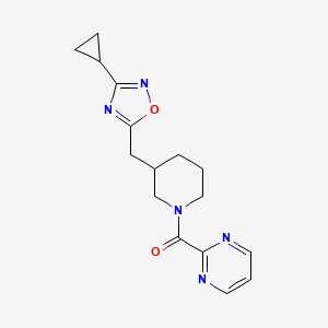 molecular formula C16H19N5O2 B2891807 (3-((3-Cyclopropyl-1,2,4-oxadiazol-5-yl)methyl)piperidin-1-yl)(pyrimidin-2-yl)methanone CAS No. 1705076-48-7