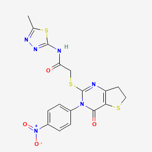 molecular formula C17H14N6O4S3 B2891847 N-(5-methyl-1,3,4-thiadiazol-2-yl)-2-{[3-(4-nitrophenyl)-4-oxo-3H,4H,6H,7H-thieno[3,2-d]pyrimidin-2-yl]sulfanyl}acetamide CAS No. 687567-89-1