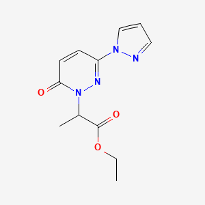 molecular formula C12H14N4O3 B2891873 ethyl 2-(6-oxo-3-(1H-pyrazol-1-yl)pyridazin-1(6H)-yl)propanoate CAS No. 1334374-29-6